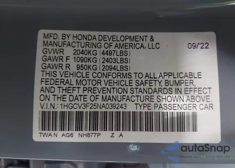 2022 Honda Accord Hybrid Sport from USA, damaged, VIN 1HGCV3F25NA039243